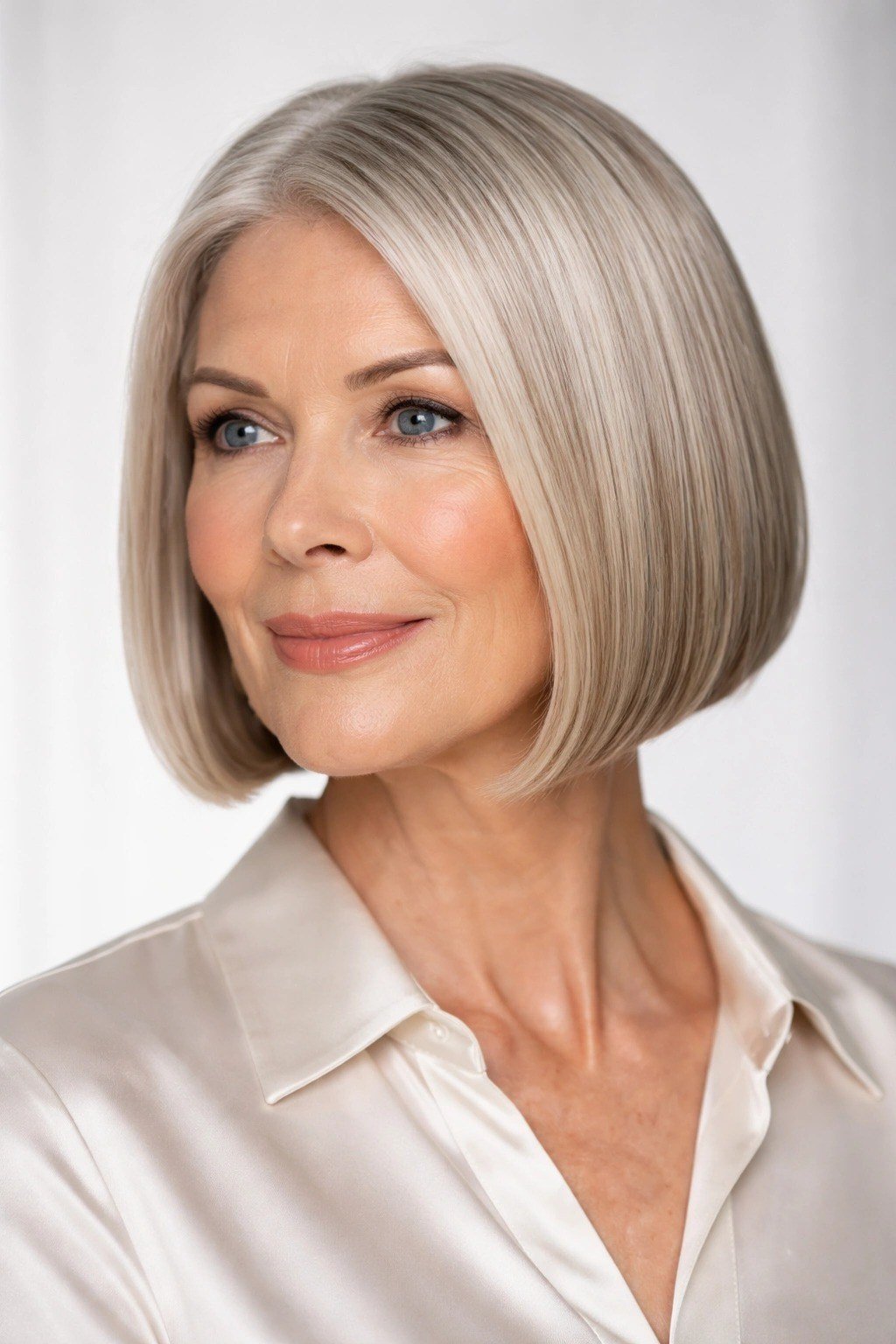 Silver smooth classic bob, 3/4 front view, classic hairstyle for women over 70