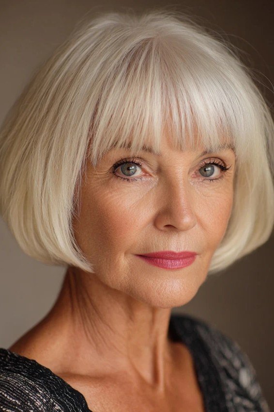 Soft blonde french bob with straight bangs