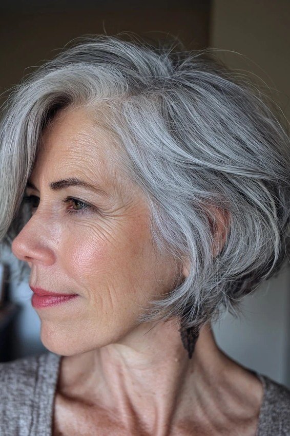 Sleek Layered Silver Bob - grey shoulder length hairstyle for women over 60