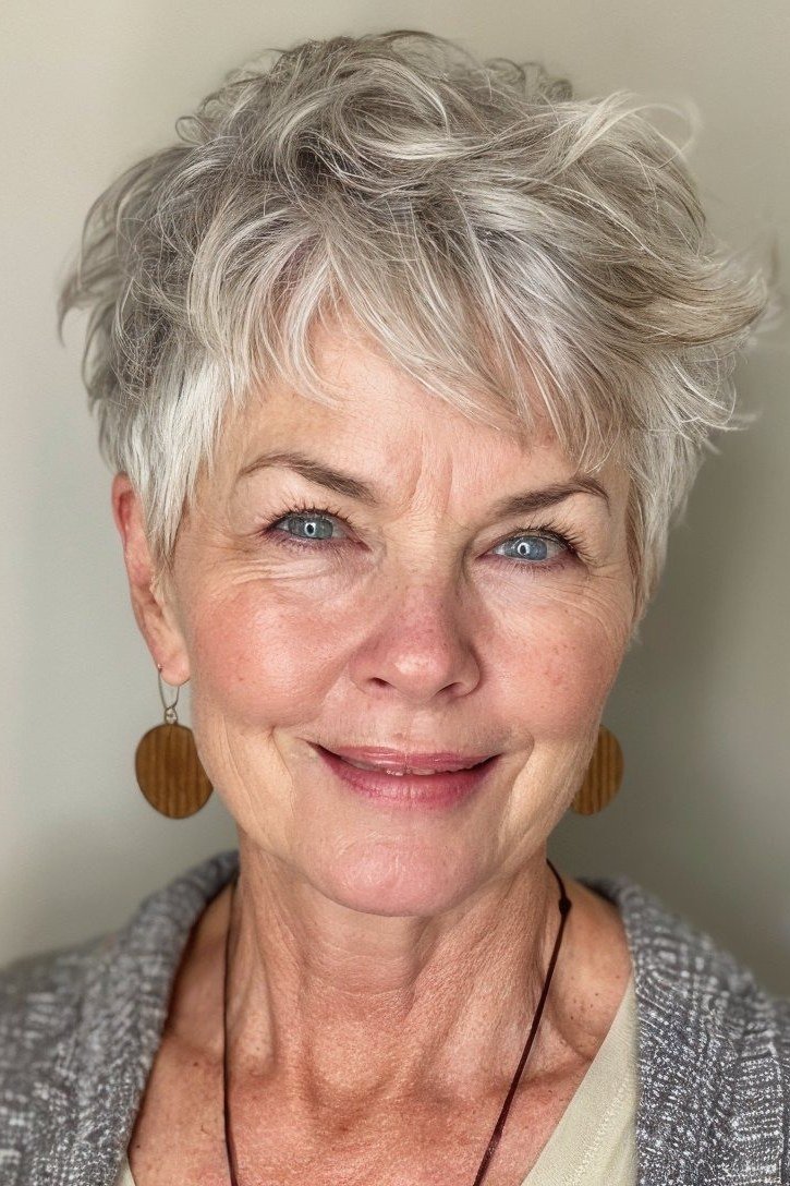 Tousled silver pixie haircut for women over 60