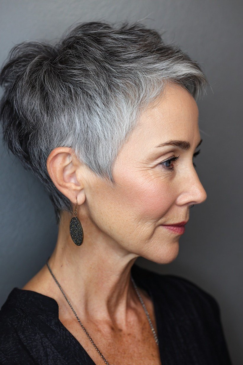 Silver grey textured pixie, feathered layers, side view for women over 60
