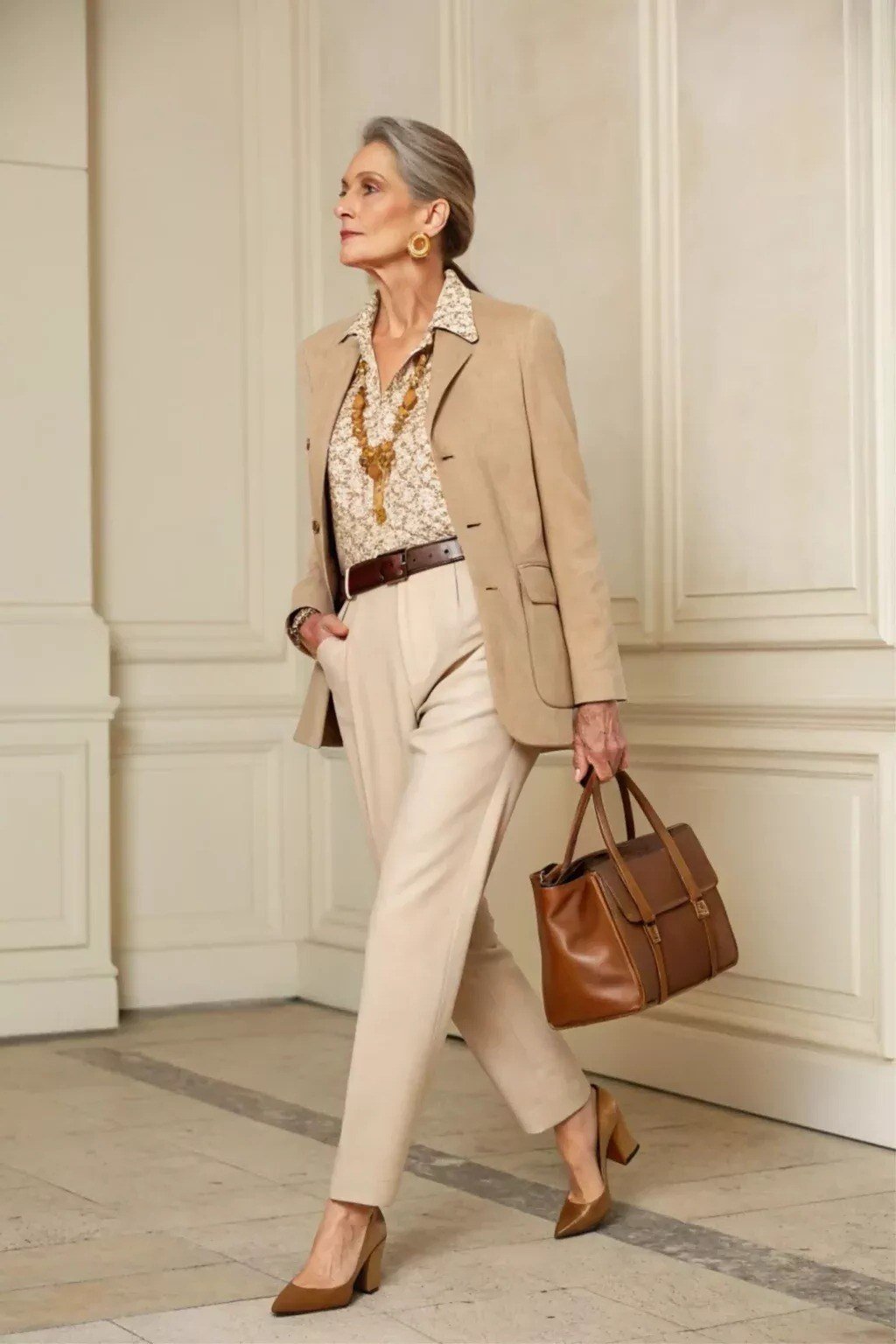 Woman over 60 in a beige blazer with a printed blouse and beige wide-leg trousers