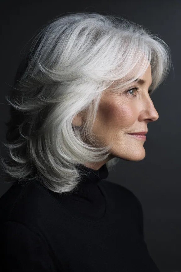 Flipped out white layered medium haircut for women over 60