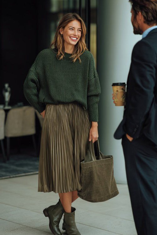 Forest green sweater with an olive pleated midi skirt and olive ankle boots, elegant weekend outfit for women over 40