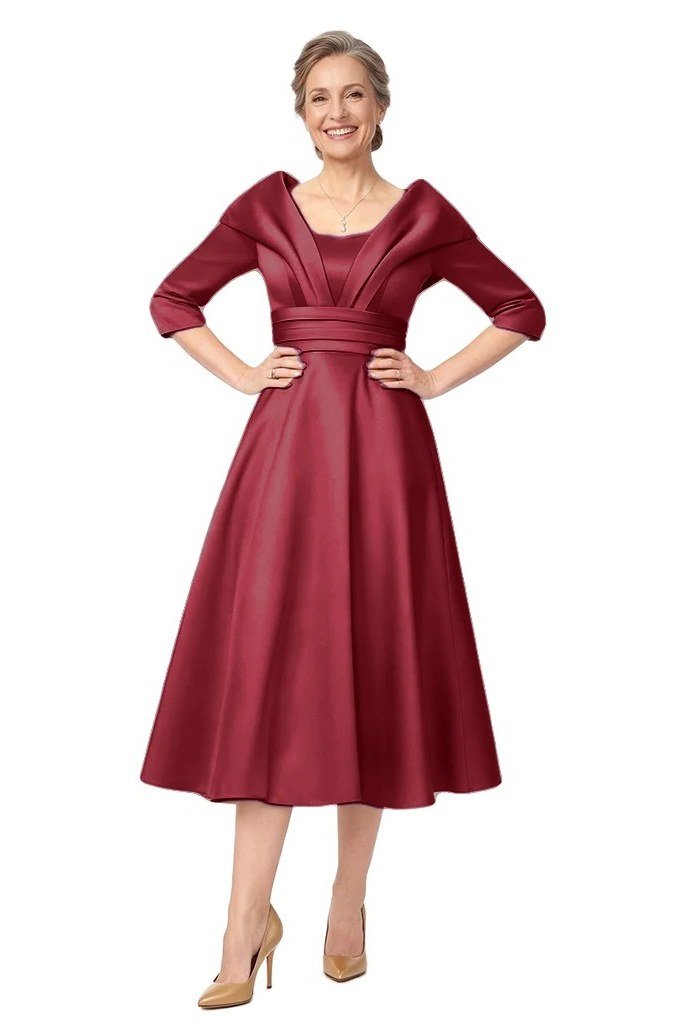 Burgundy satin wrap midi with kimono sleeves for women over 50, fall date night outfit
