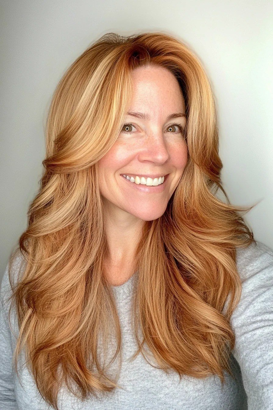Copper long wavy hair, front view - wispy hairstyle for women over 40