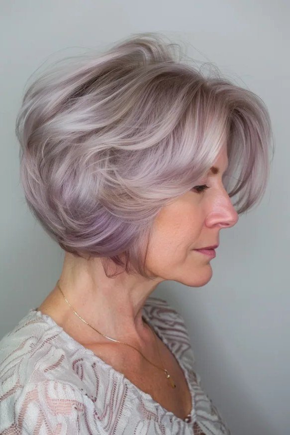 Lavender-Grey Layered Bob, layered hairstyle for women over 70