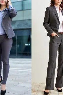 Grey pantsuit, woman with suitcase, two looks - business casual work outfit for women over 50