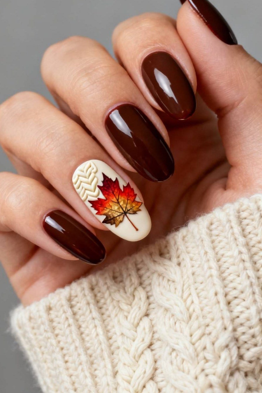 Deep burgundy nails with maple leaf art accent, fall nail design for older women