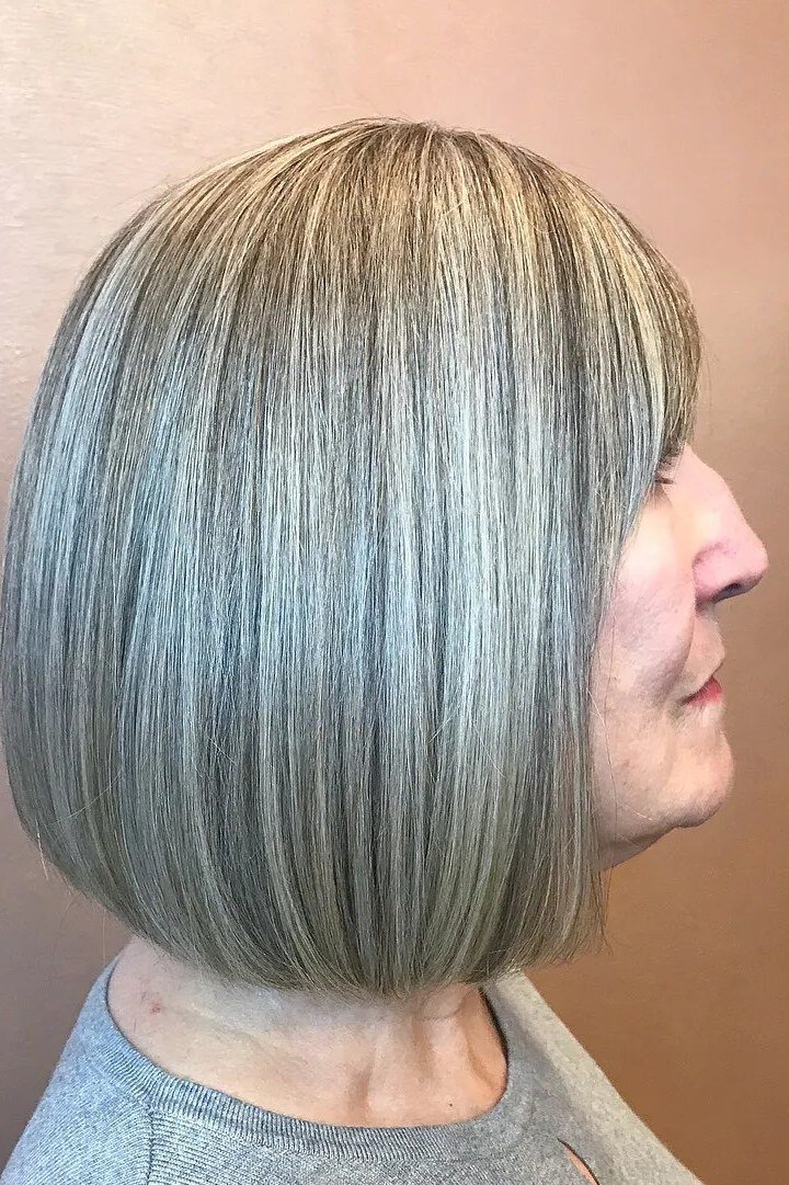 medium silver bob, side profile, medium length hairstyle for women over 60