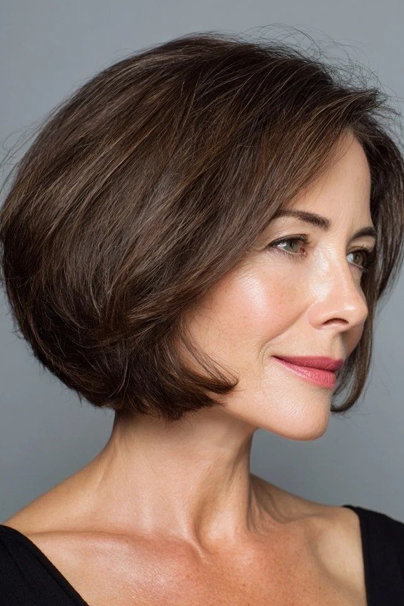 Sleek brunette bob with smooth side profile for women over 40