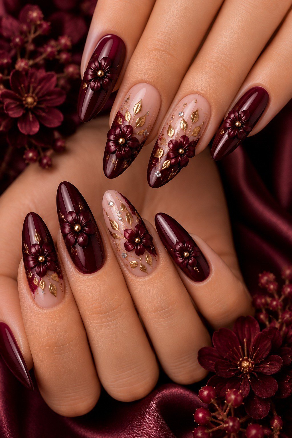 Deep burgundy nails with glitter and leaf art for women over 50