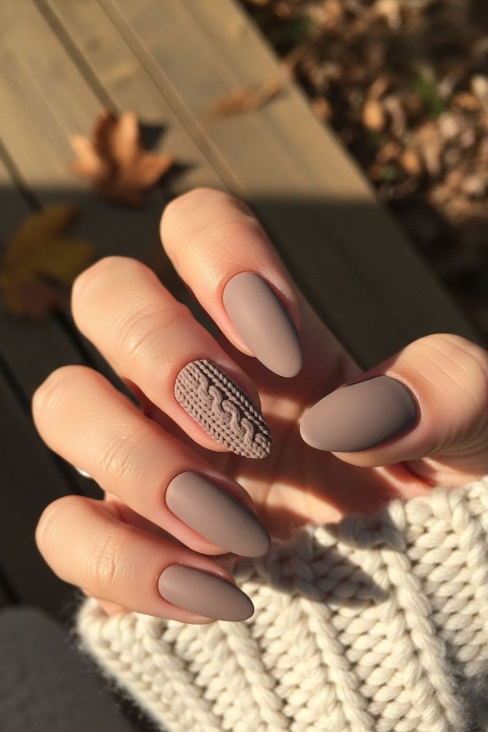 Taupe matte sweater accent nails, fall nail design for women over 60
