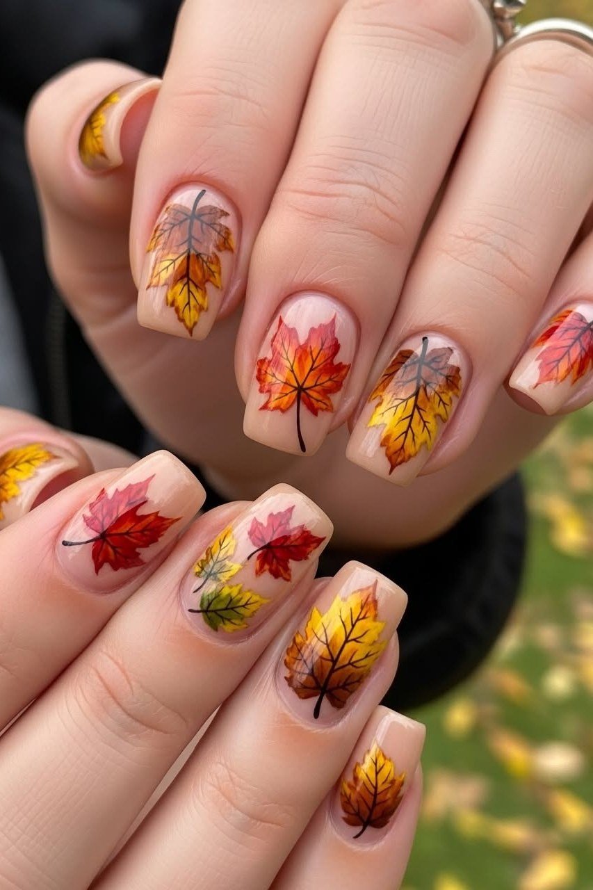 Fall maple leaf nail art on nude almond gel nails, autumn leaf manicure