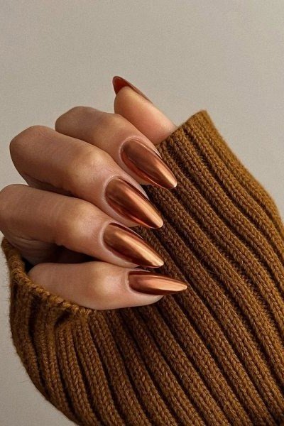 Copper chrome almond with mustard sweater, elegant fall nail design for women over 40