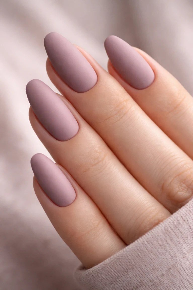 Matte Mauve Almond Nails with a Velvety Finish, elegant mauve nail idea for women over 60