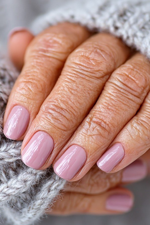 Mauve pink nails, hands in grey sweater, best manicure idea for women over 60