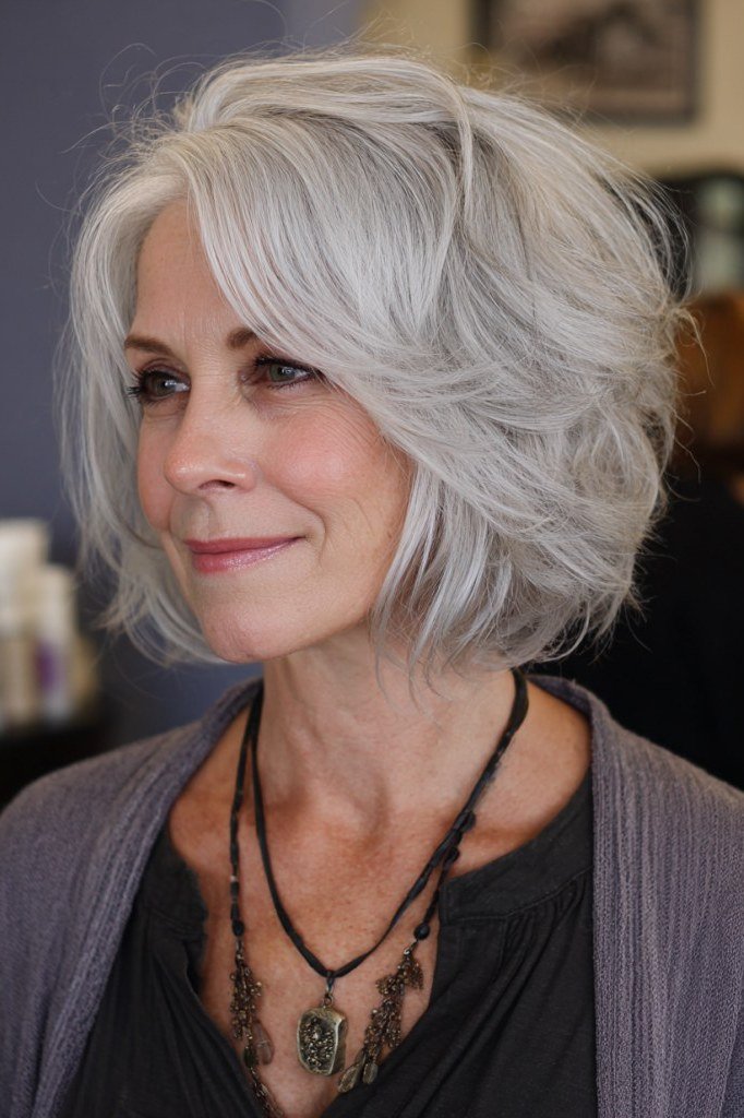 Voluminous Silver Side-Swept Shag - shaggy bob haircut for women over 60