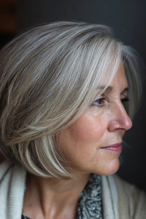 Grey sleek bob, side view, woman in her 60s