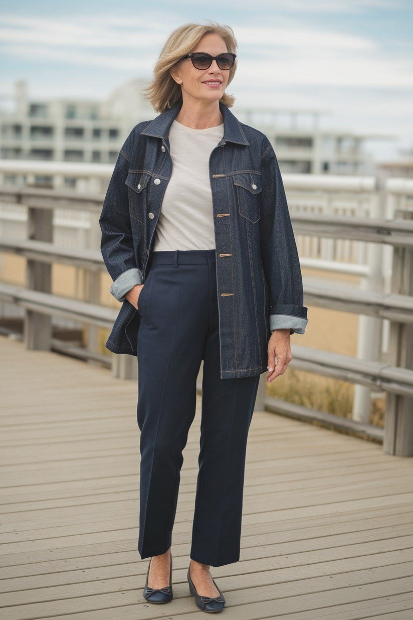 Dark Denim Jacket With Navy Trousers - flattering outfit idea for women over 50, how to dress better over 50
