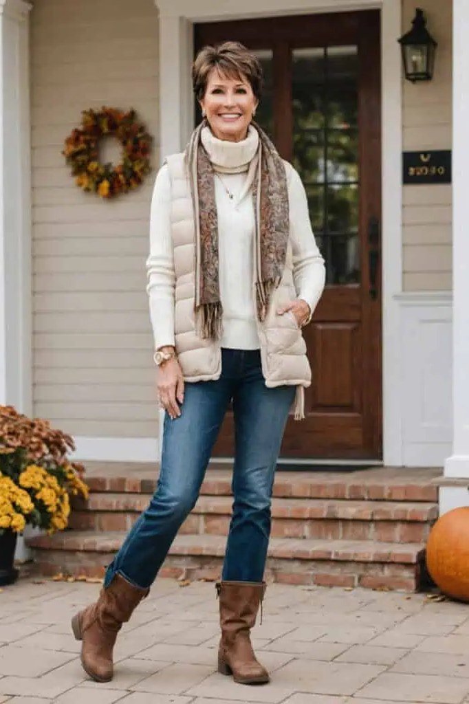 quilted puffer vest over a turtleneck fall outfit for women over 60