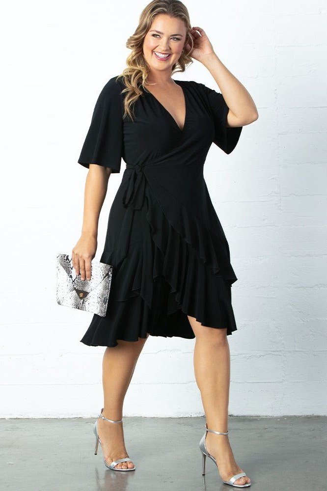 Black wrap mini dress with ruffle hem for women over 50