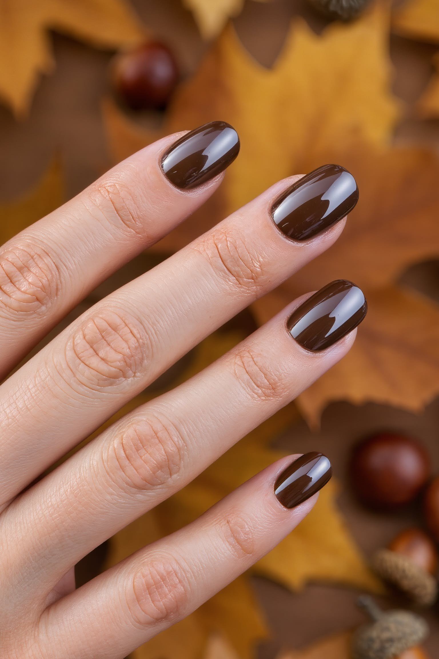 Deep Chocolate Oval Nails with Autumn Leaves, chocolate brown fall nail design for women over 60