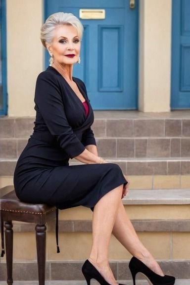navy dress, seated older woman, elegant cocktail dress for women over 60