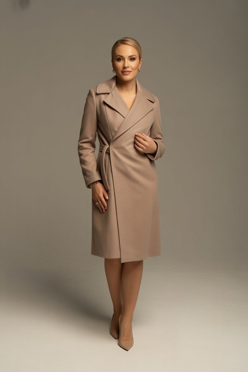 Beige trench coat worn as a dress beige trench coat dress 40s studio - fall outfit idea for women over 40
