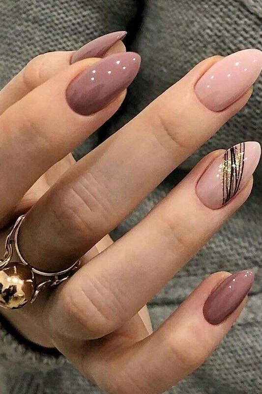 Taupe Nails with Striped Accent - brown nail idea for women over 50