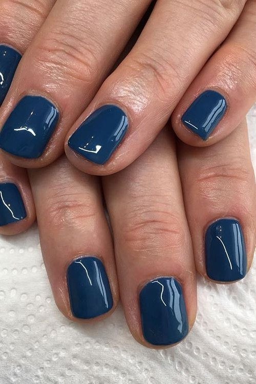 Steel Blue Glossy Oval Nails - winter nail trend for older women over 70