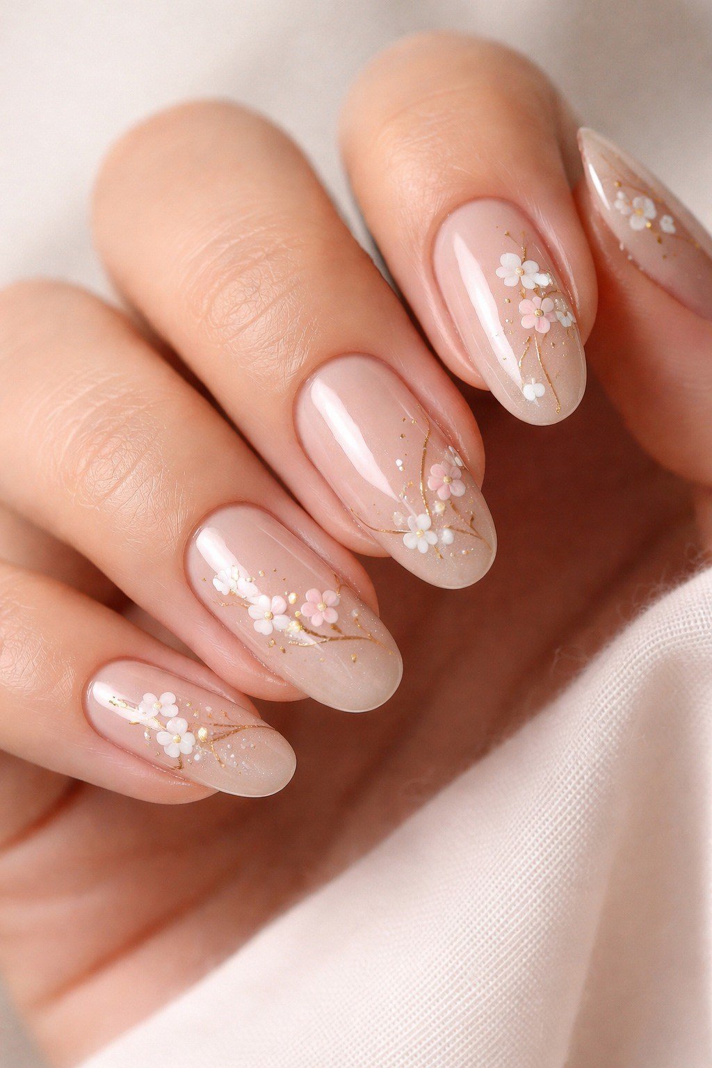 White Cherry Blossom Nails - nude nail art idea for women over 40