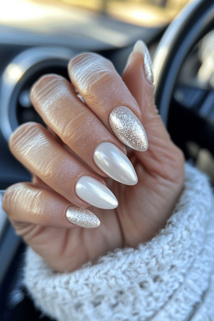 Nail art design for women over 60: silver chrome stiletto nails