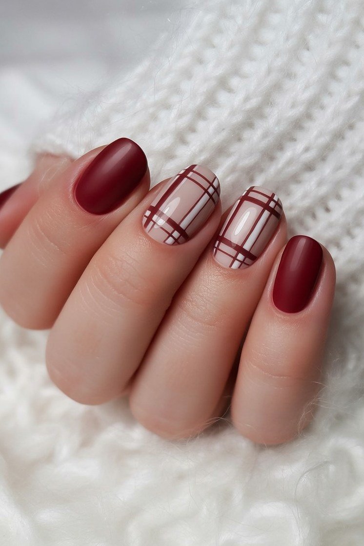 Matte burgundy with plaid accent, burgundy fall nail idea for women over 60