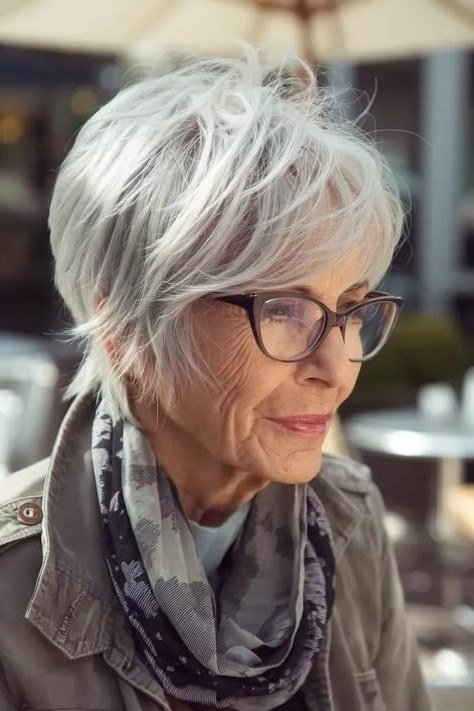 White pixie haircut with soft fringe and glasses for older women