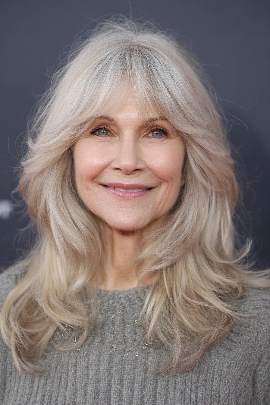 Long silver-gray layered hair with curtain bangs for women over 50