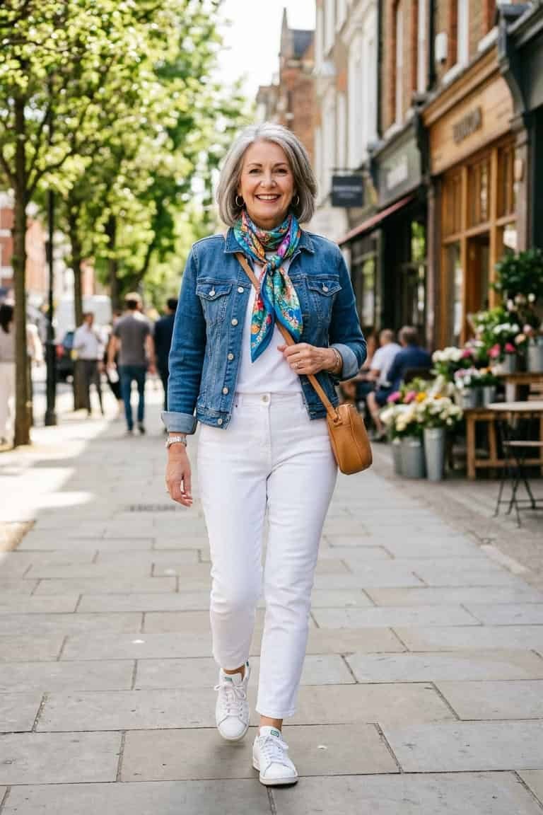 Woman over 50 wearing denim jacket with white tee and white jeans, everyday casual outfit idea