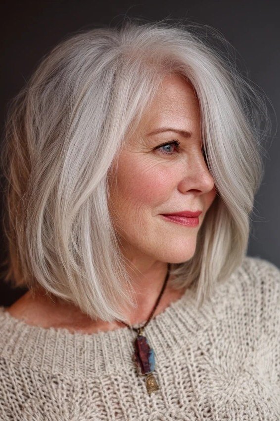grey layered bob, 3/4 view — chin-length layered bob hairstyle for women over 50