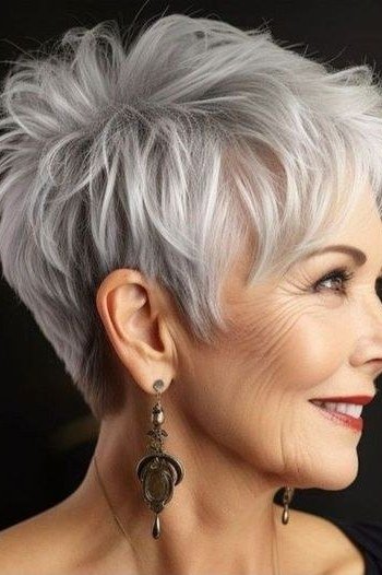 Textured Spiky Grey Pixie - bold edgy pixie haircut for women over 50