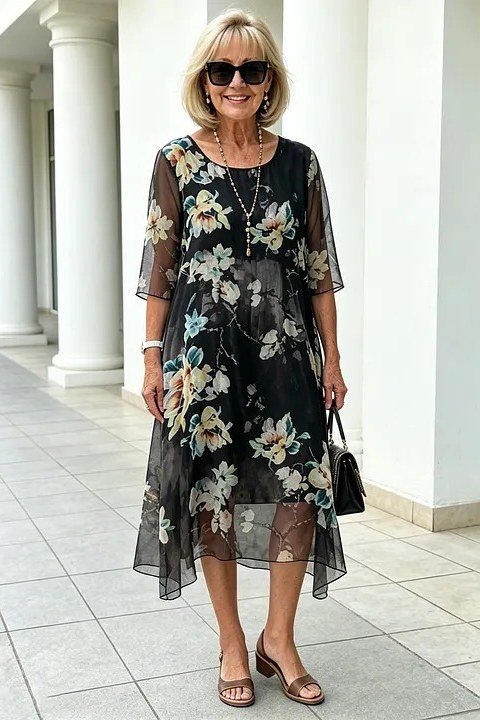 Breezy summer dress for women over 60: pink and red floral shift