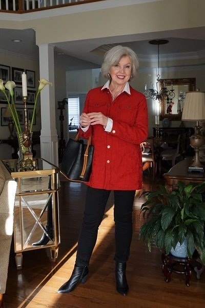 holiday evening outfit for women over 60: red blazer full length look