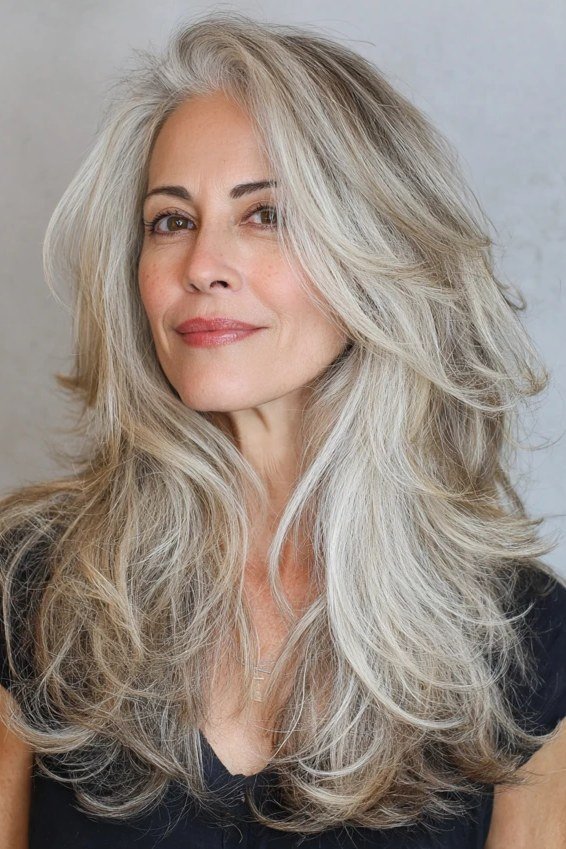 Silver-White Long Butterfly Layers - butterfly cut hairstyle for women over 60