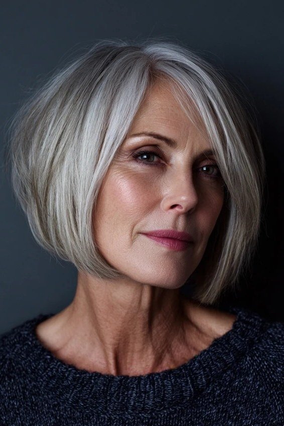 Silver Chin-Length Bob with a Deep Side Part - medium hairstyle for women over 60