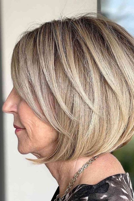 Angled Blonde Layered Bob for women over 60