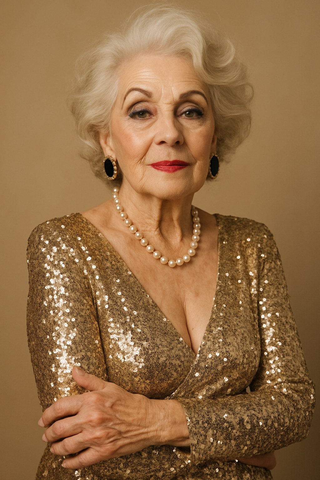 gold sequin wrap dress with pearl necklace
