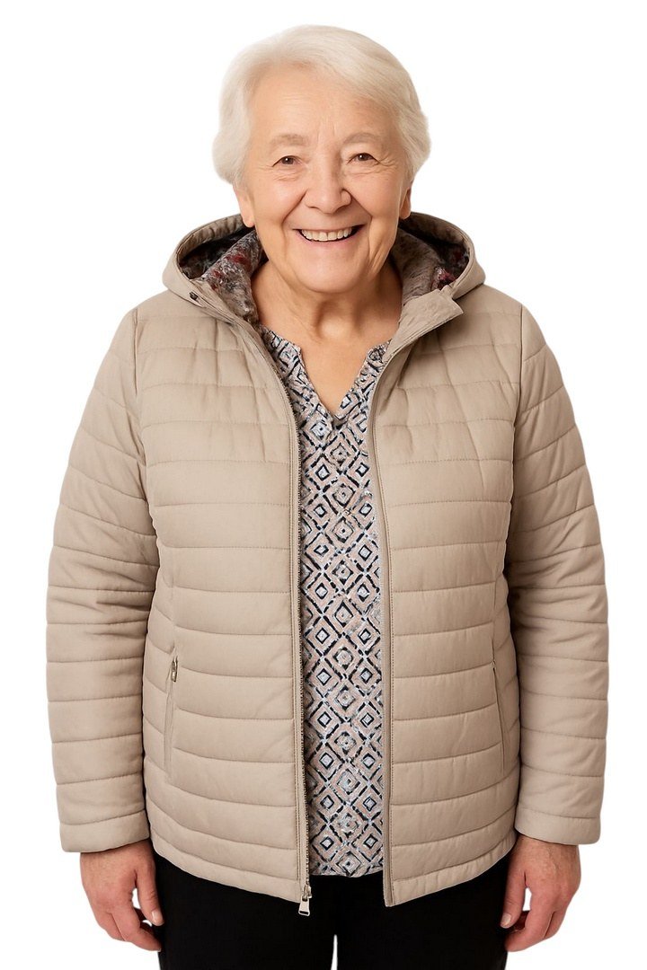 Beige quilted jacket outfit for women over 60