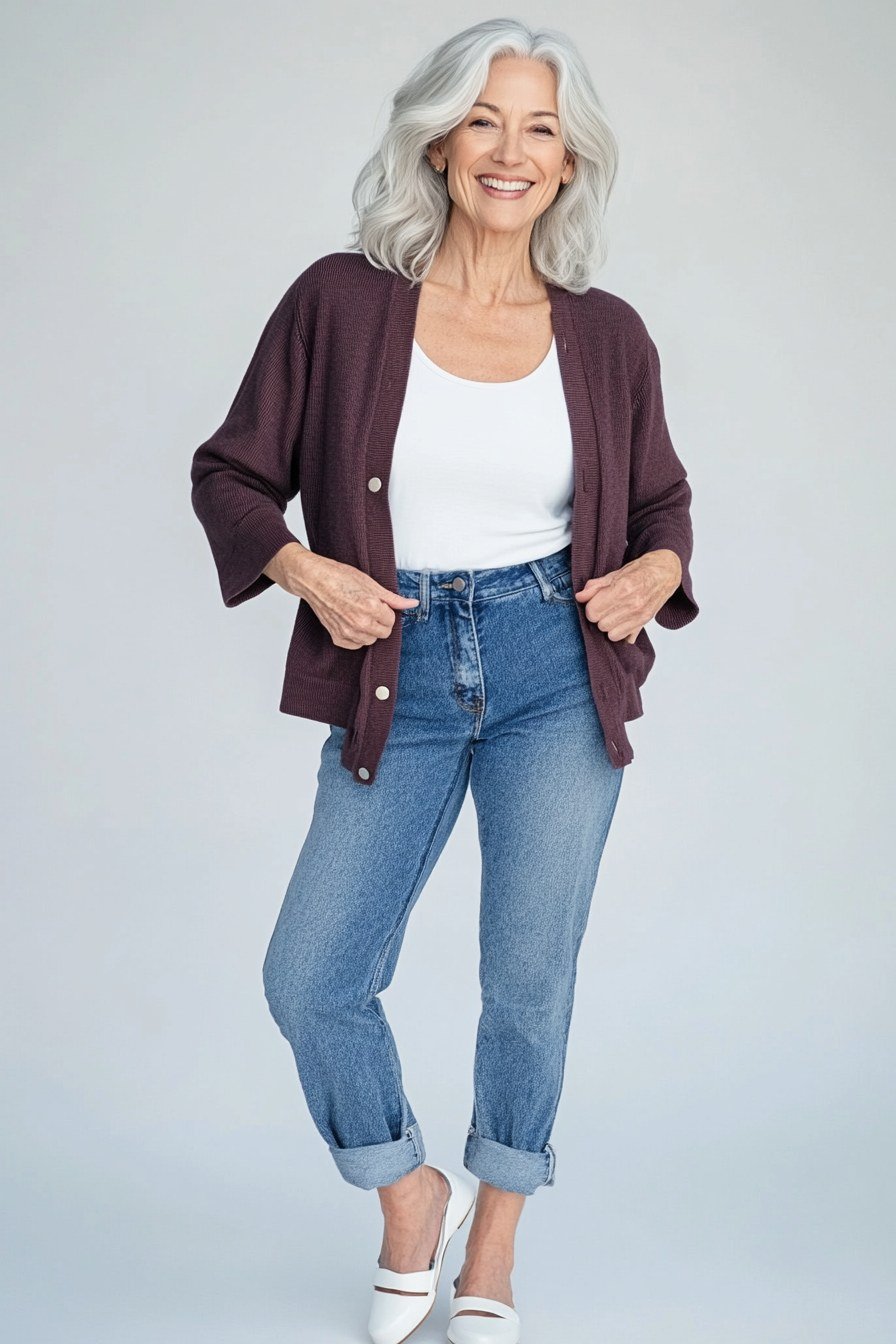 Burgundy cardigan with white top and cuffed jeans, casual fall outfit for women over 50