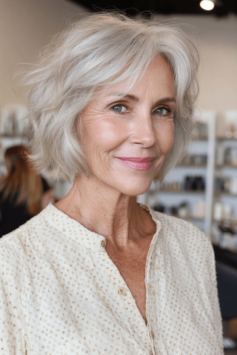 Soft white rounded bob for women over 60
