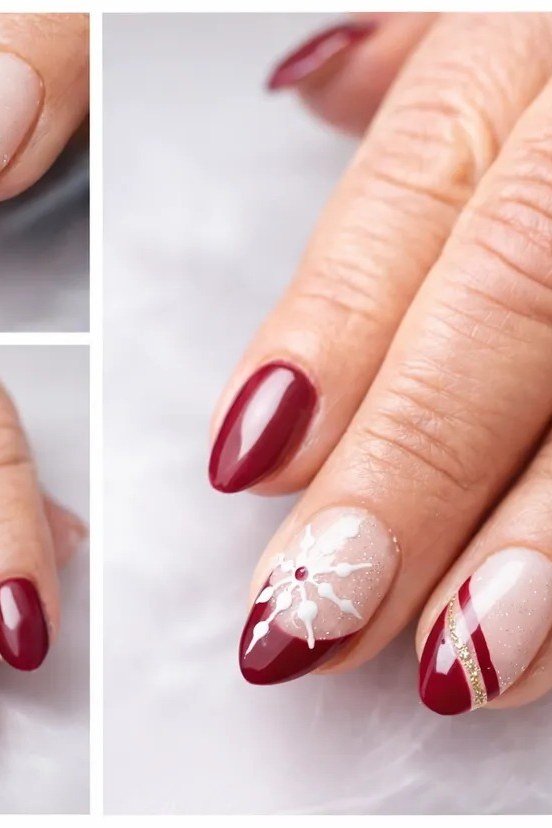 Deep red nails with white snowflake art, close-up collage - classy Christmas nail idea for women over 70