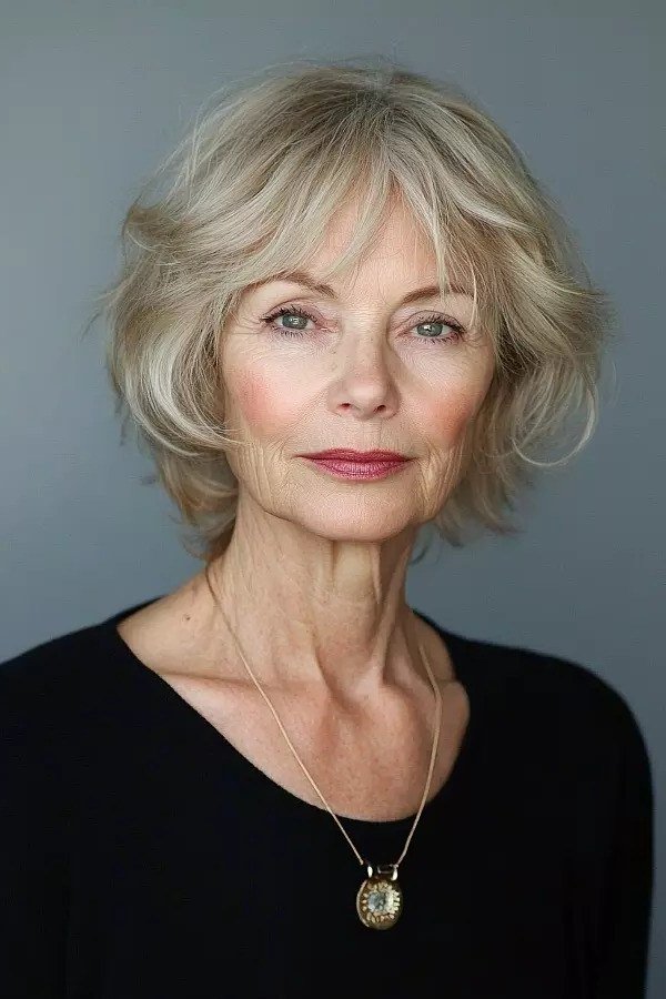 White-Blonde Bob with Bangs - short wavy bob hairstyle for women over 60